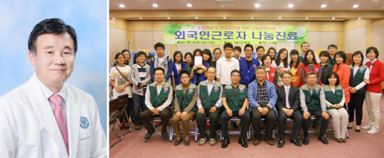 16회 한미참의료인상 수상자인 강성웅 교수(왼쪽)와 사랑의교회 의료봉사팀(한미약품 제공)